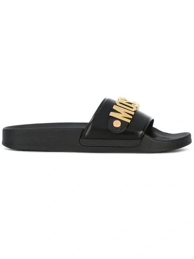 Moschino Black Metallic Logo Pool Slides