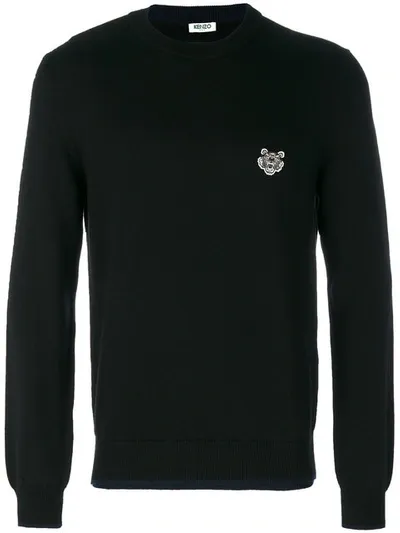 Kenzo Zipped Tiger Crest Black Wool Cardigan In Noir|nero