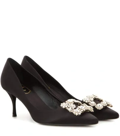 Roger Vivier Flower Crystal-embellished Satin Pumps In Black