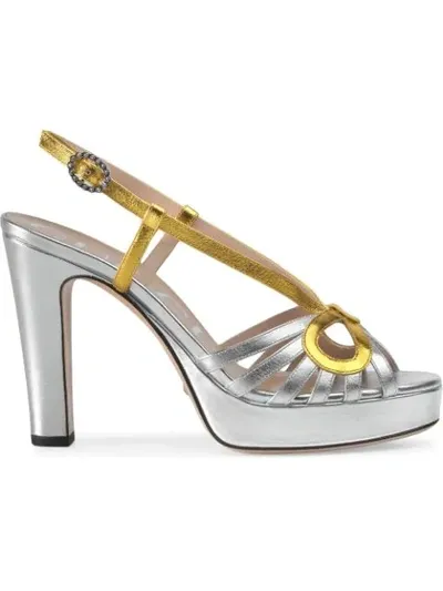 Gucci Metallic Leather Platform Sandals In Silver