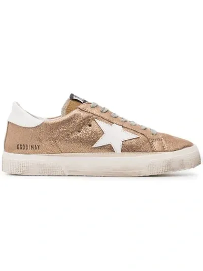 Golden Goose May Distressed Metallic Suede And Leather Sneakers In Gold