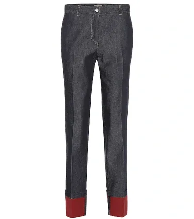 Bottega Veneta Mid-rise Leather-trimmed Straight Jeans In Dark Navy Denim