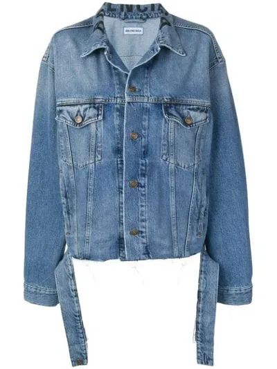 Balenciaga Distressed-hem Logo-embroidered Denim Jacket In Blue