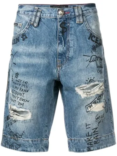 Philipp Plein Distressed Denim Shorts In Blue