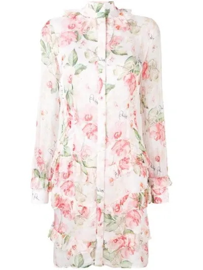 Philipp Plein Floral Shirt Dress In Neutrals