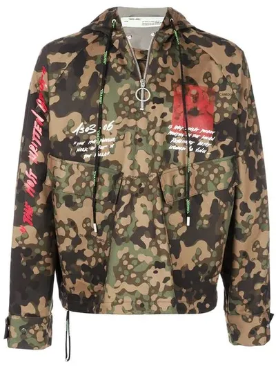 Off-white Hooded Camo Printed Tech Zip-up Jacket In Green