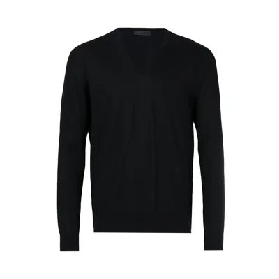 Prada Crewneck Wool Sweater With Logo In Blue