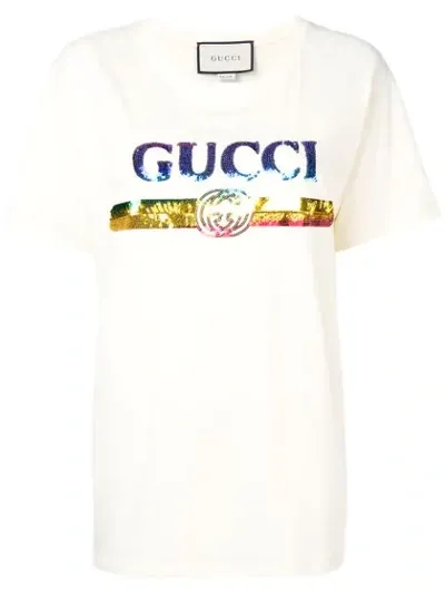 Gucci Logo Sequinned T-shirt In Neutrals