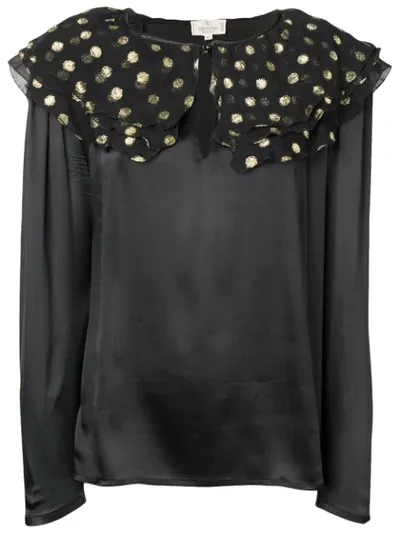 Pre-owned Valentino 1990's Ruffled Detail Satin Blouse In Black