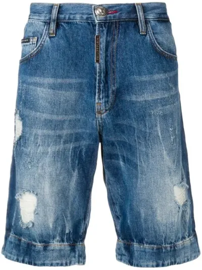 Philipp Plein Distressed Skull Shorts In Blue