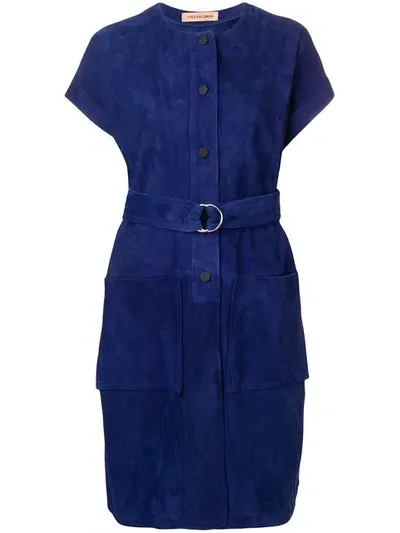 Yves Salomon Belted Long Jacket In Blue