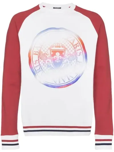 Balmain Coin Logo Contrasting Sleeve Sweatshirt In White