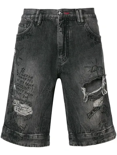 Philipp Plein Distressed Graffiti Shorts In Grey