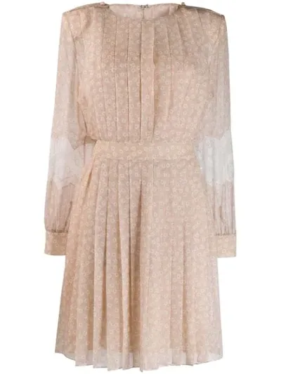 Fendi Lace Sleeve Pleated Chiffon Dress In Neutrals