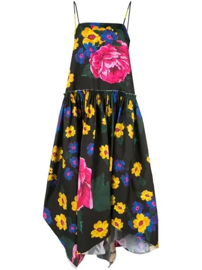 Marques' Almeida Asymmetric Gathered Floral-print Cotton Midi Dress In Black