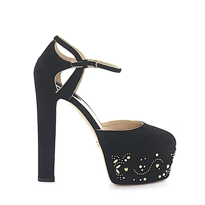 Elie Saab Platform Pumps Crystal Ornament Gem Rivets Black Gold