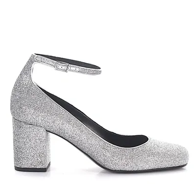 Saint Laurent Pumps Calfskin Logo Glitter Silver In Grey