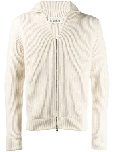 Maison Margiela Ribbed-knit Zip-up Sweatshirt In Neutrals