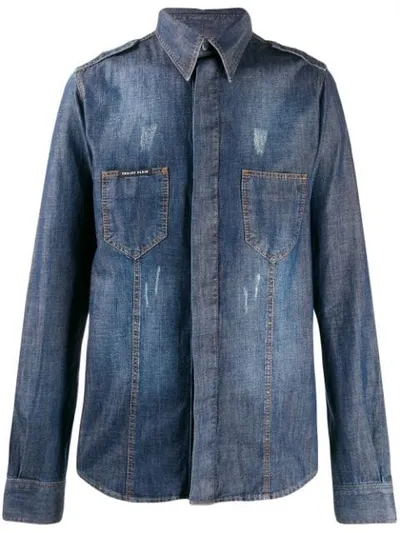 Philipp Plein Skull Denim Shirt In Blue