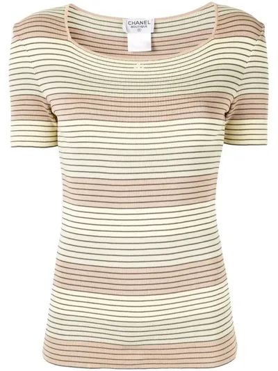 Pre-owned Chanel Striped Ribbed Short-sleeve Blouse In Multicolour