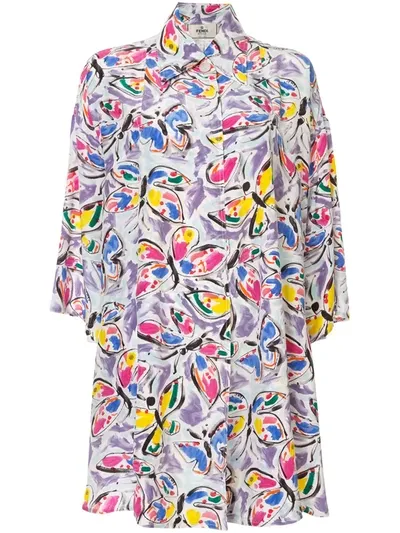 Pre-owned Fendi Silk Butterfly Print Shirt Dress In Multicolour