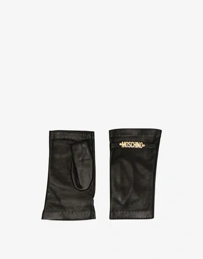 Moschino Fingerless Leather Gloves With Mini Lettering Logo In Black