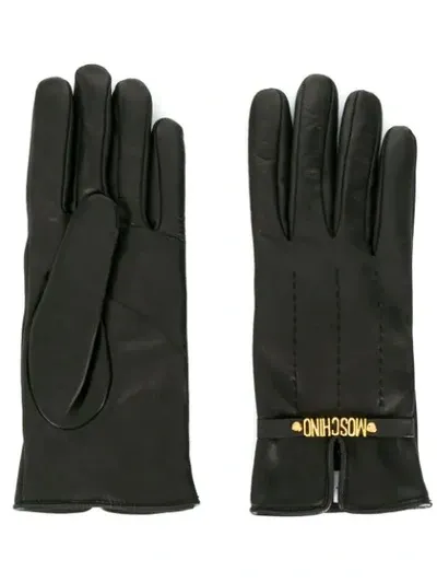 Moschino Leather Gloves With Mini Lettering Logo In Black