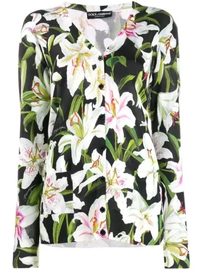 Dolce & Gabbana Oversize Silk Cardigan With Lily Print In Green