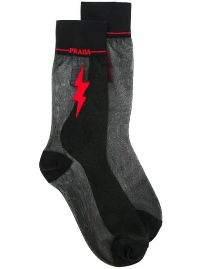 Prada Graphic Print Sheer Detail Socks In Black