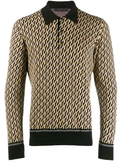 Prada Long-sleeve Intarsia Polo Shirt In F015x Nero + Senape