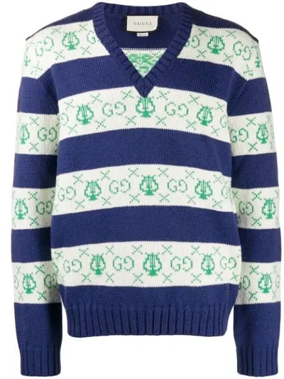 Gucci Gg Lyre Striped Jacquard Knitted Sweater In Blue