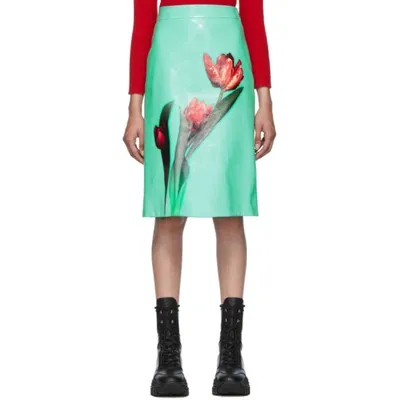 Prada Floral-print Leather Midi Skirt In Chlor