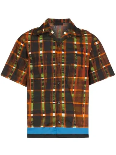 Prada Contrast Hem Checked Short Sleeved Shirt In Brown