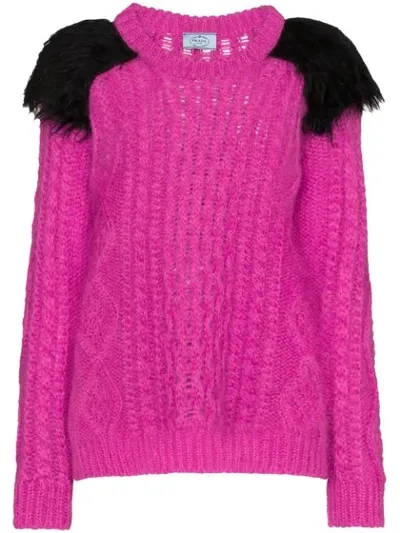 Prada Faux Fur Shoulder Sweater In Fuxia Nero