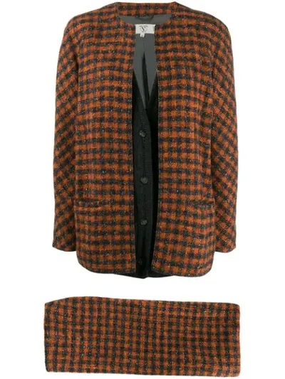 Pre-owned Valentino 1980's Checked Skirt Suit In Orange