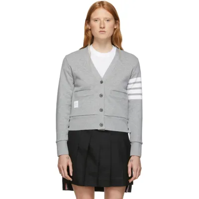 Thom Browne V Neck Intarsia Stripes Cotton Cardigan In Light Grey