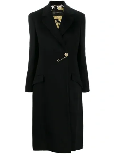 Versace Safety Pin Long Coat In Black