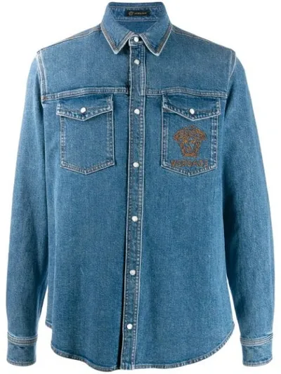 Versace Embroidered Medusa Denim Shirt In Blue