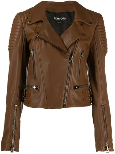 Tom Ford Cropped Zip-up Biker Jacket In Brown