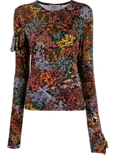 Preen By Thornton Bregazzi Floral Print Ruffle Back Top In Black