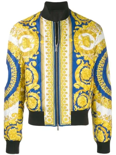 Versace Gold Baroque Printed Silk Bomber In Yellow