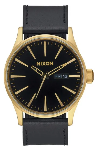 Nixon The Sentry Leather Strap Watch, 42mm In Gold/black