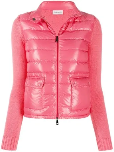 Moncler Knit-sleeve Hooded Puffer Cardigan In Pink