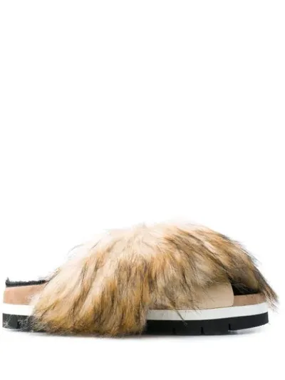 Msgm Faux Fur Trimmed Sandals In Neutrals