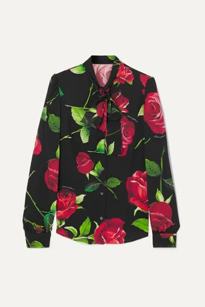 Dolce & Gabbana Pussy-bow Floral-print Silk-blend Blouse In Black