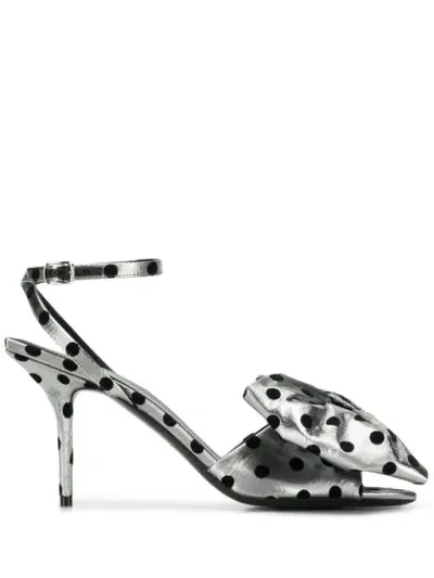 Balenciaga Bow-detailed Polka-dot Flocked Lamé Sandals In Silver Black