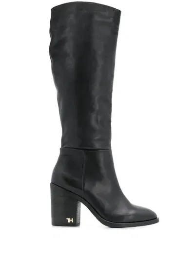 Tommy Hilfiger Logo Hardware Calf High Boots In Black