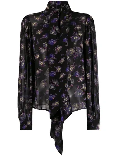 Ganni Floral Print Pussycat Bow Blouse In Black