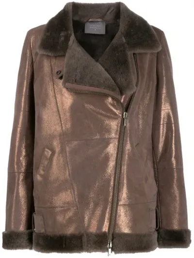 Lorena Antoniazzi Metallic Leather Biker Jacket In Brown