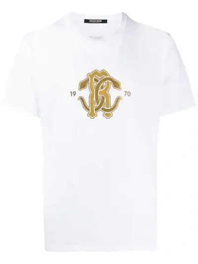 Roberto Cavalli Gold Logo Print T-shirt In White